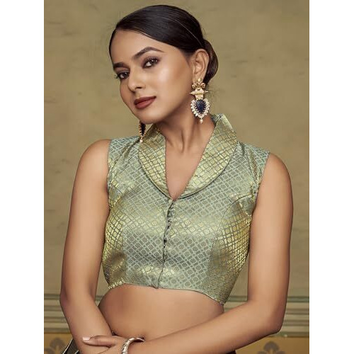 Vardha Women's Brocade Sleeveless Padded Saree Blouse for Women with Collar Neck (Grey)