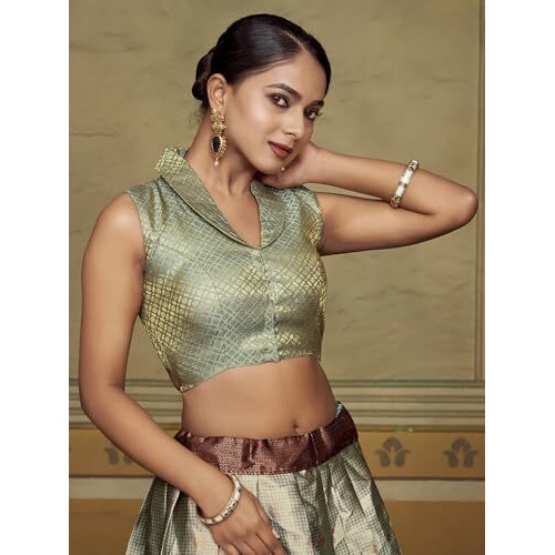 Vardha Women's Brocade Sleeveless Padded Saree Blouse for Women with Collar Neck (Grey)