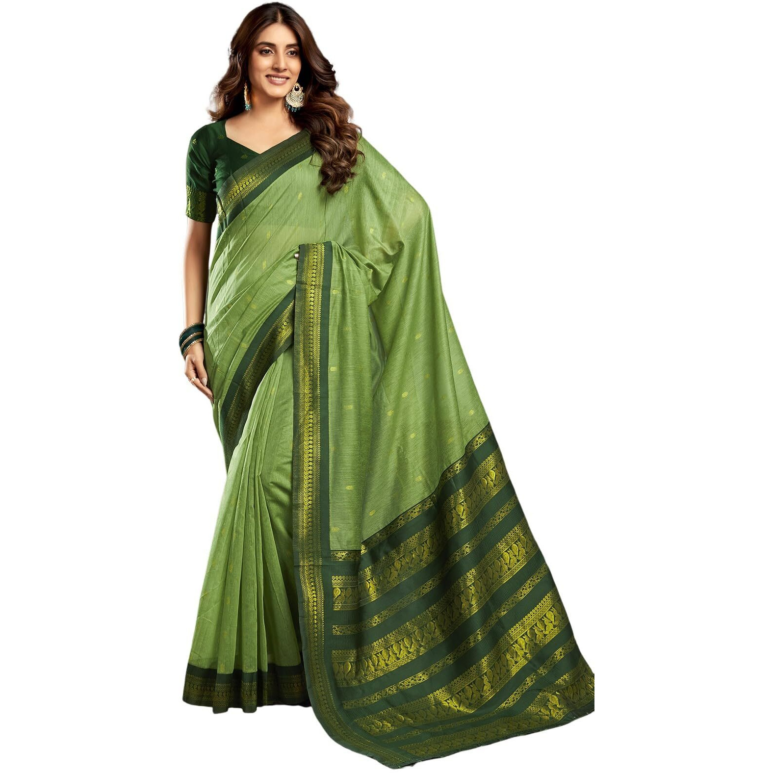 Satrani Women's Cotton Blend Banarasi Jacquard Saree with Unstitched Blouse Piece (3831S122N_Pista Green & Dark Green)