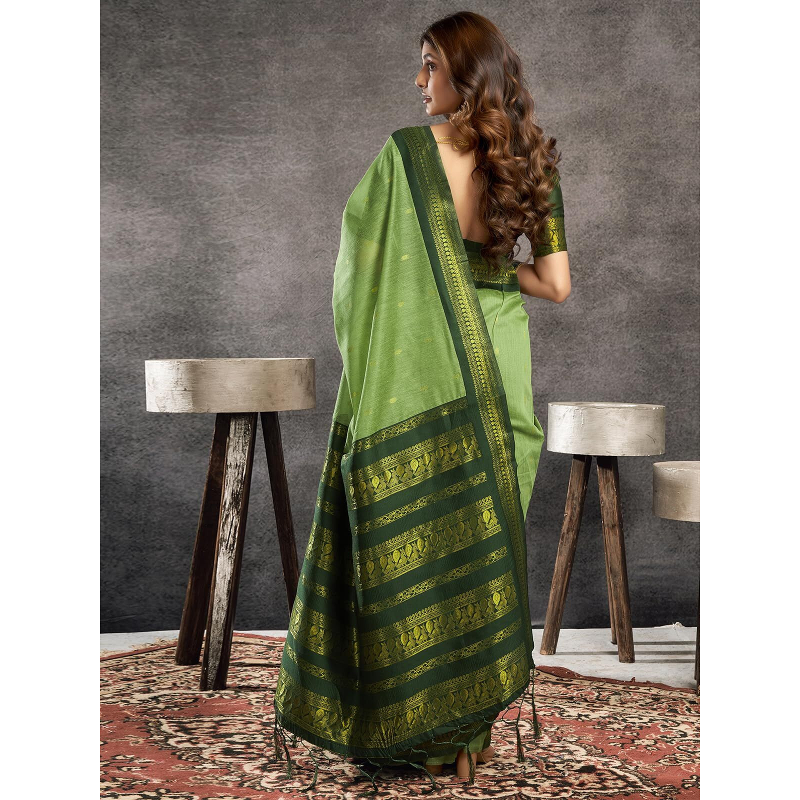 Satrani Women's Cotton Blend Banarasi Jacquard Saree with Unstitched Blouse Piece (3831S122N_Pista Green & Dark Green)