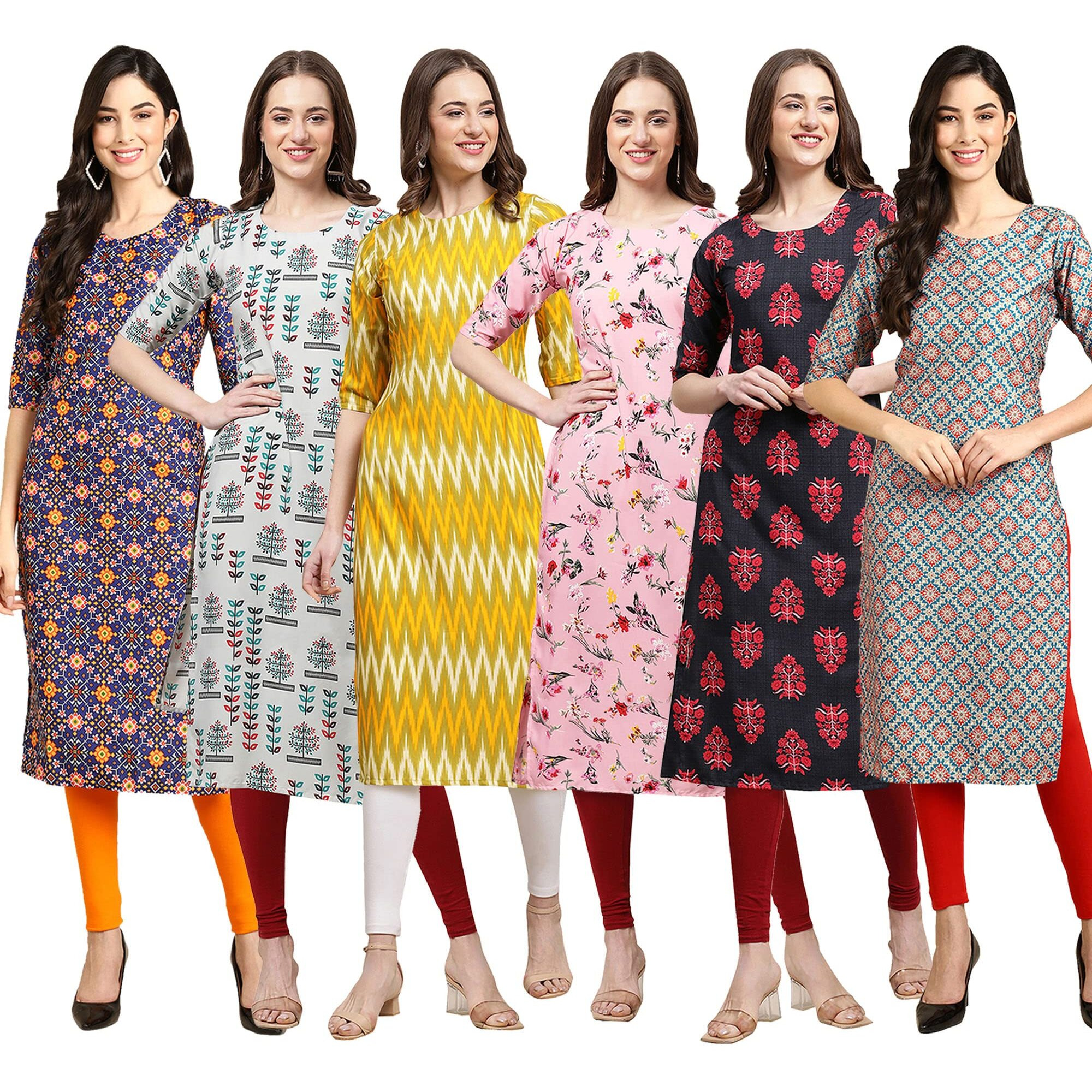 Pinkmint Women's Crepe Digital Print Straight Kurta Pack of 6 [CR-369-340-329-339-345-372-L]
