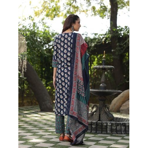 NAINVISH Women's Blue Printed Straight Rayon V-Neck Kurta Pant with Dupatta (SD694_KBD-S_Blue)