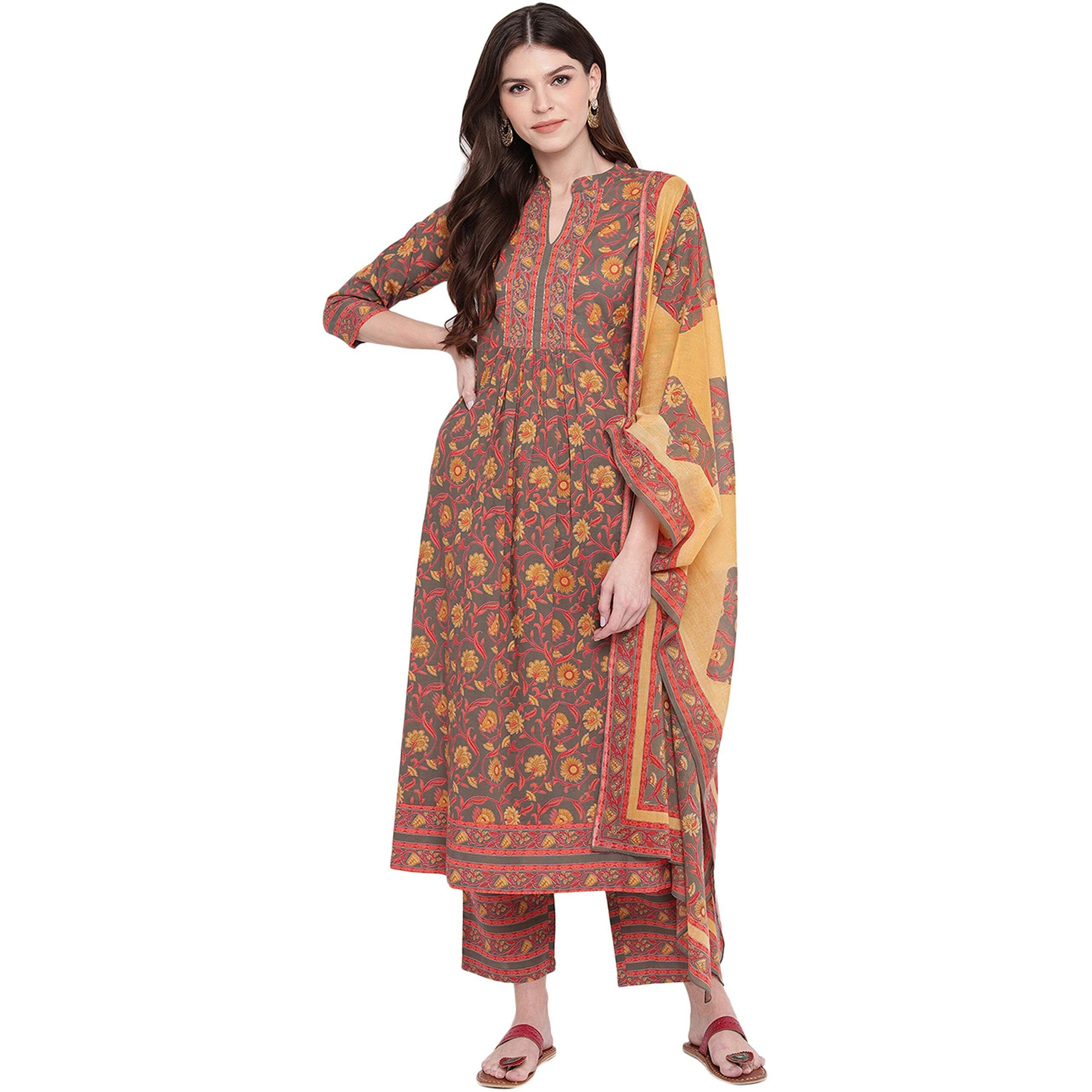 Vbuyz Women's Cotton Floral Print Hand Work Stitched Flared Grey Stylish Kurti/Kurta Set & Palazzo with Dupatta for Regular Use & Party Wedding, XL (VF-KU-693-SKD-42)