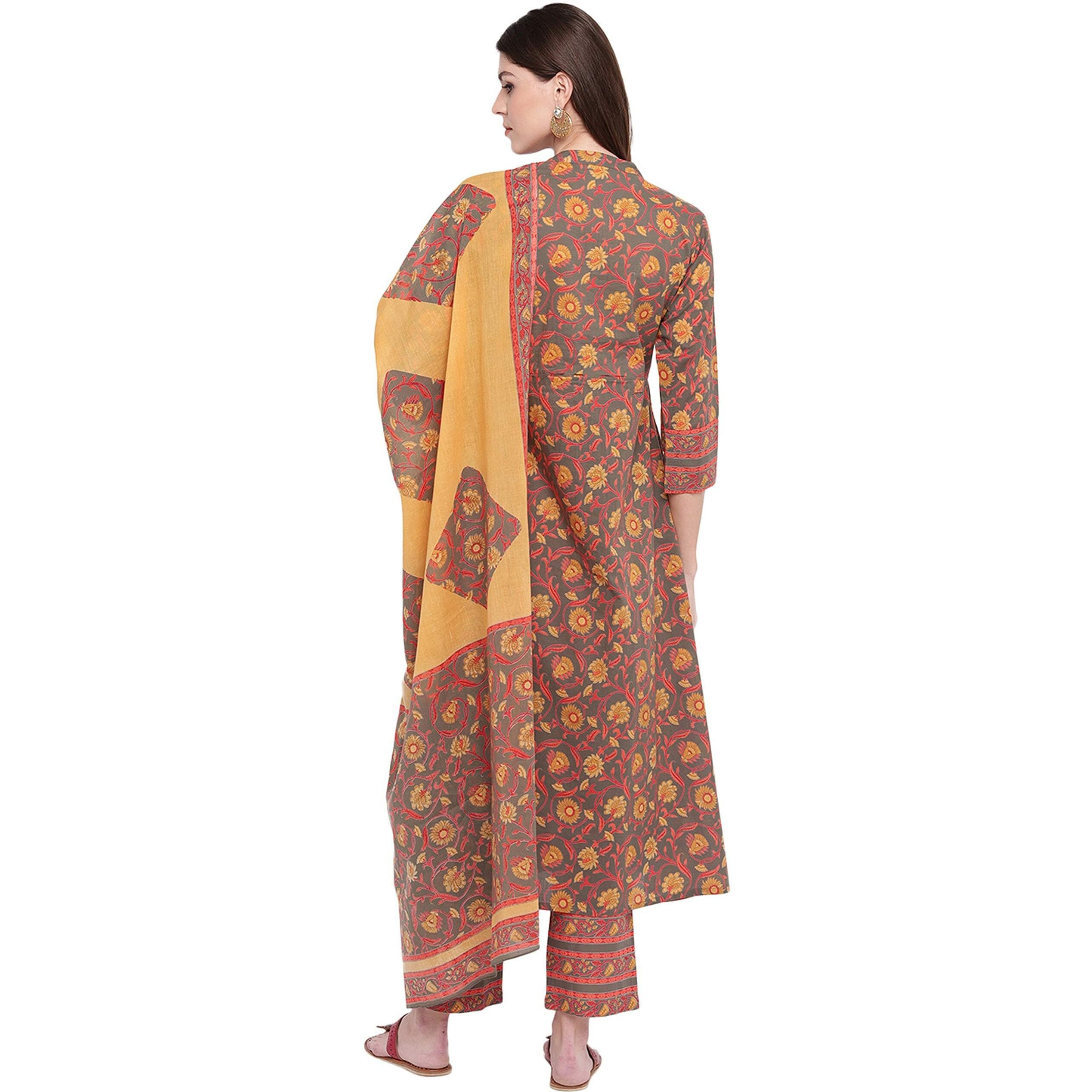Vbuyz Women's Cotton Floral Print Hand Work Stitched Flared Grey Stylish Kurti/Kurta Set & Palazzo with Dupatta for Regular Use & Party Wedding, XL (VF-KU-693-SKD-42)