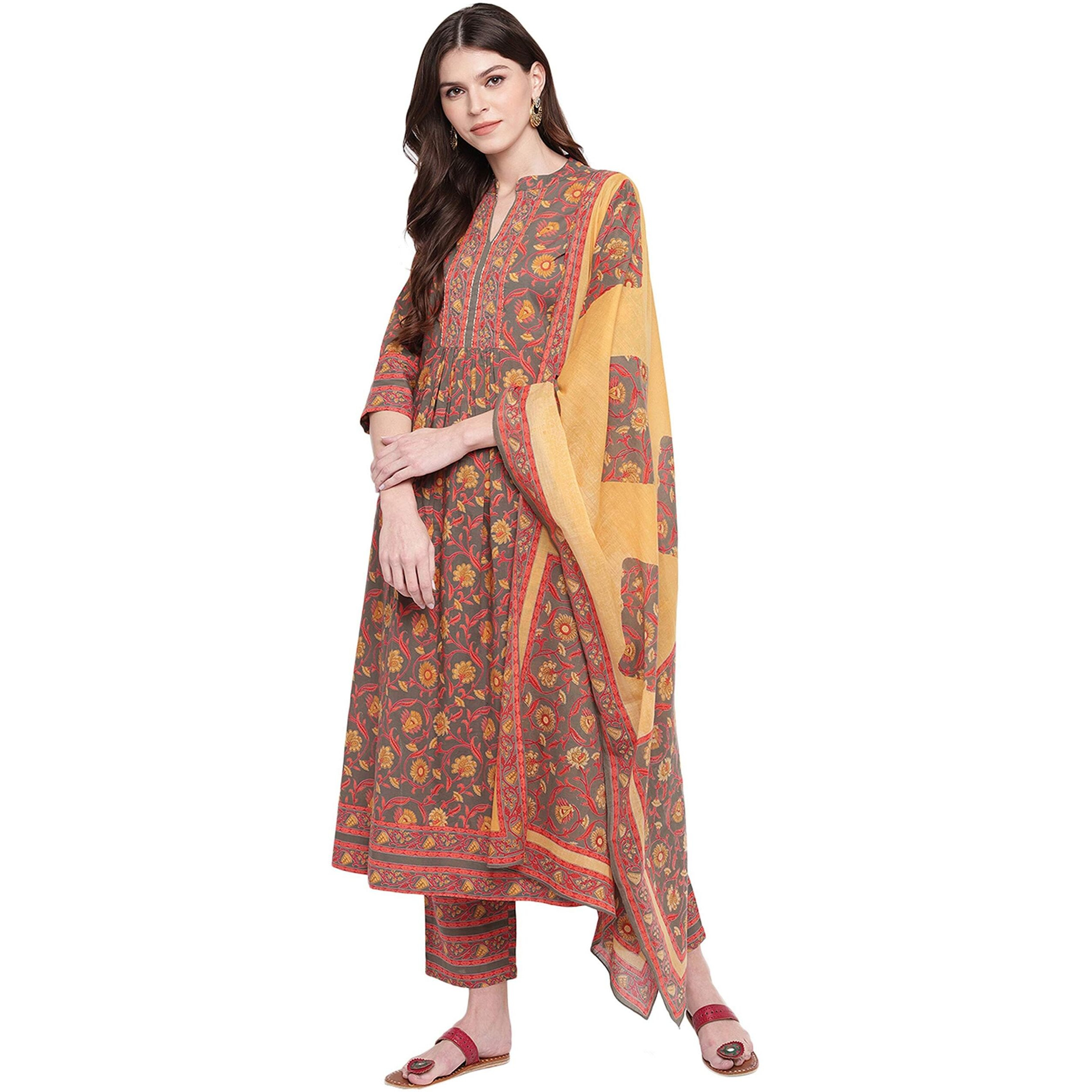 Vbuyz Women's Cotton Floral Print Hand Work Stitched Flared Grey Stylish Kurti/Kurta Set & Palazzo with Dupatta for Regular Use & Party Wedding, XL (VF-KU-693-SKD-42)