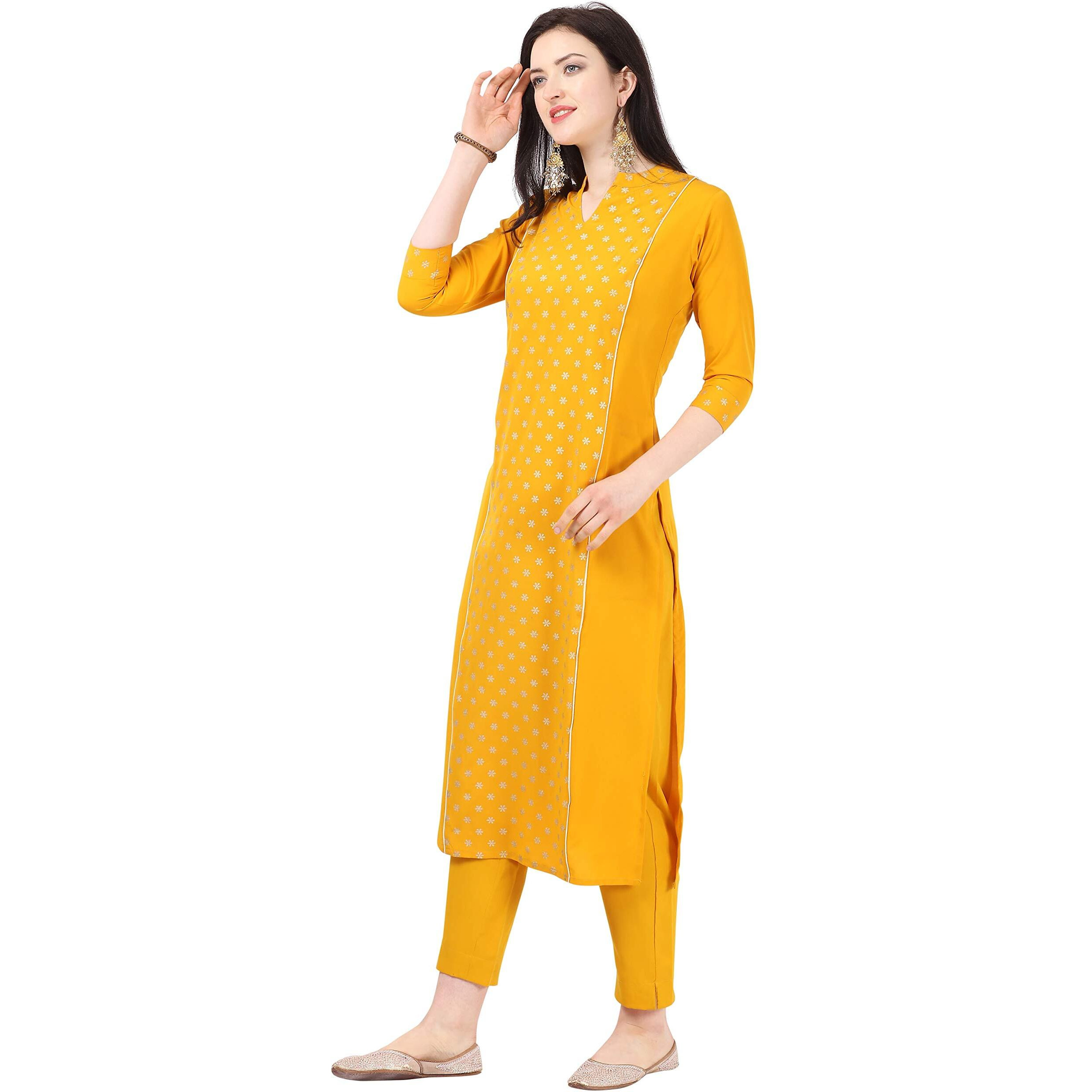 NAINVISH Women's Women Yellow Crepe Straight Kurti with Pant Set