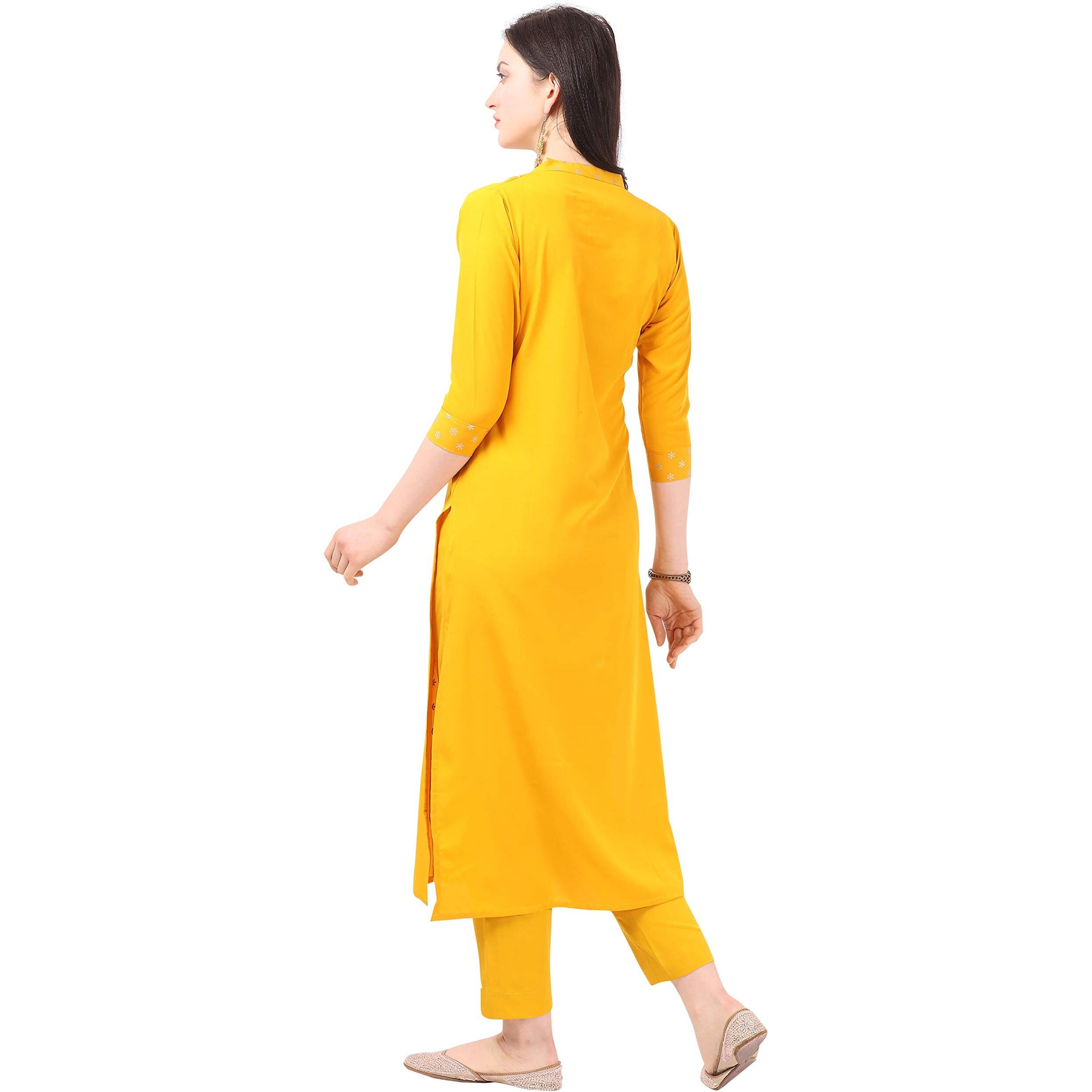 NAINVISH Women's Women Yellow Crepe Straight Kurti with Pant Set