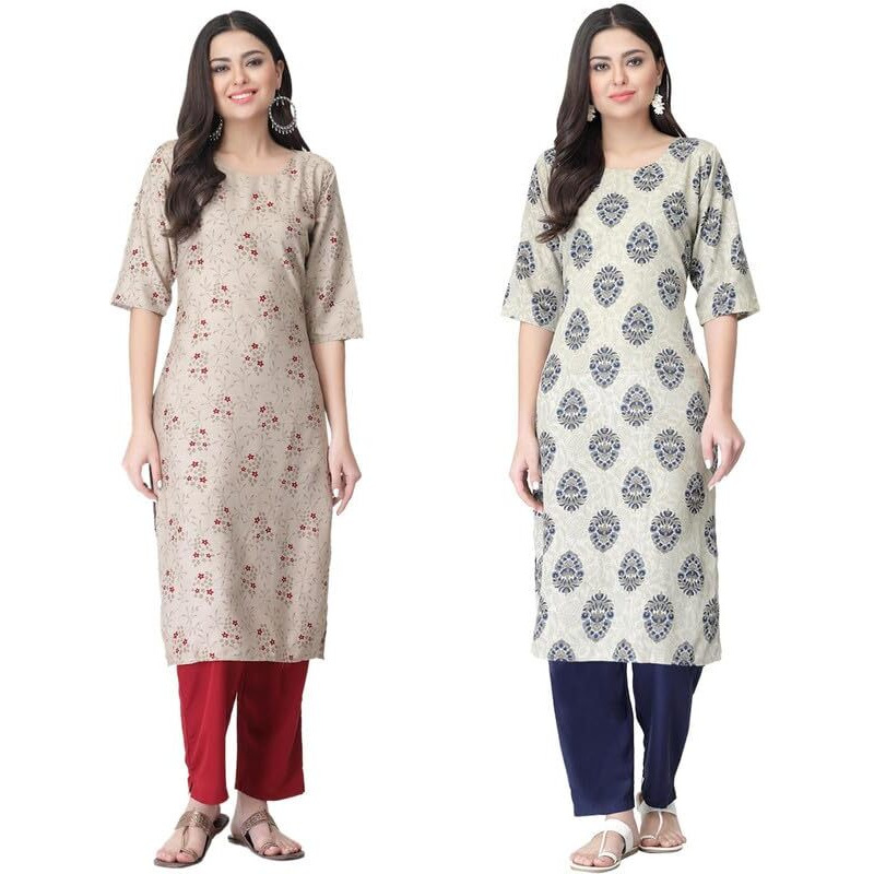 Pinkmint Kurta Set for Women ll Printed Kurti & Pant Set ll Regular Kurta Set ll (Pack of 2) Beige-Olive