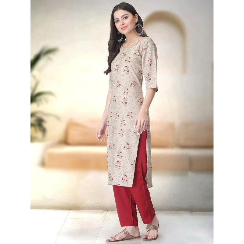 Pinkmint Kurta Set for Women ll Printed Kurti & Pant Set ll Regular Kurta Set ll (Pack of 2) Beige-Olive