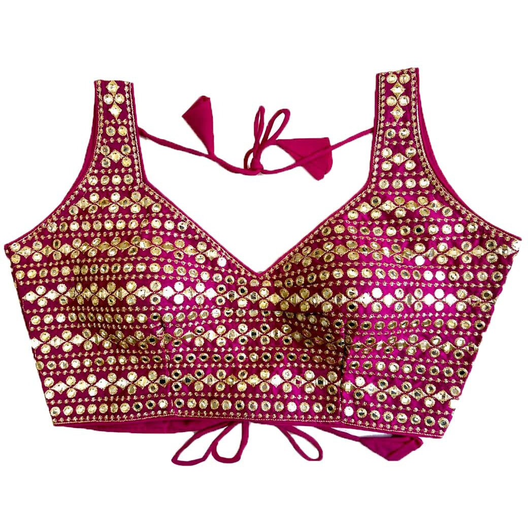 Sumaira Tex Womens Readymade Sweetheart Neck Sleeveless Mirror Saree Blouse.(Paper Foil Rani_38)