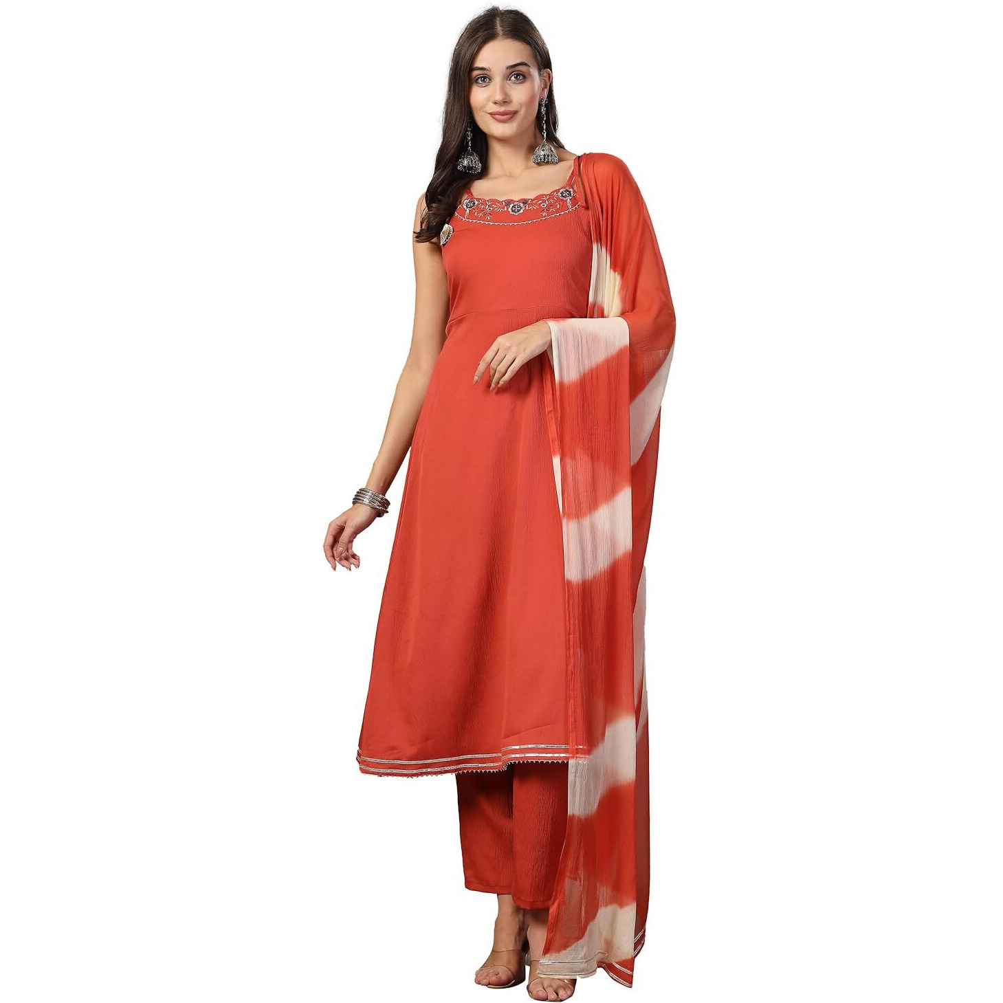 Stylum Women's Solid & Embroidered Poly Crepe A-Line Kurta Dupatta Set (KDRUSTHASSAL34_Rust, XS)