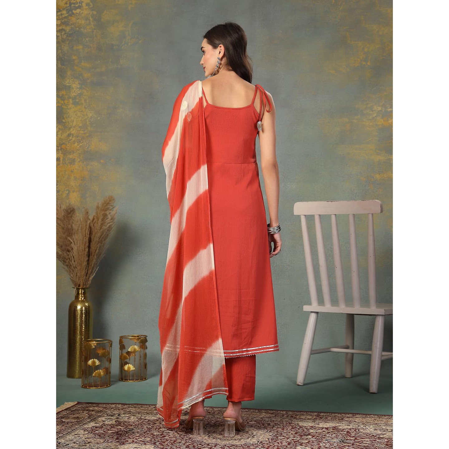 Stylum Women's Solid & Embroidered Poly Crepe A-Line Kurta Dupatta Set (KDRUSTHASSAL34_Rust, XS)