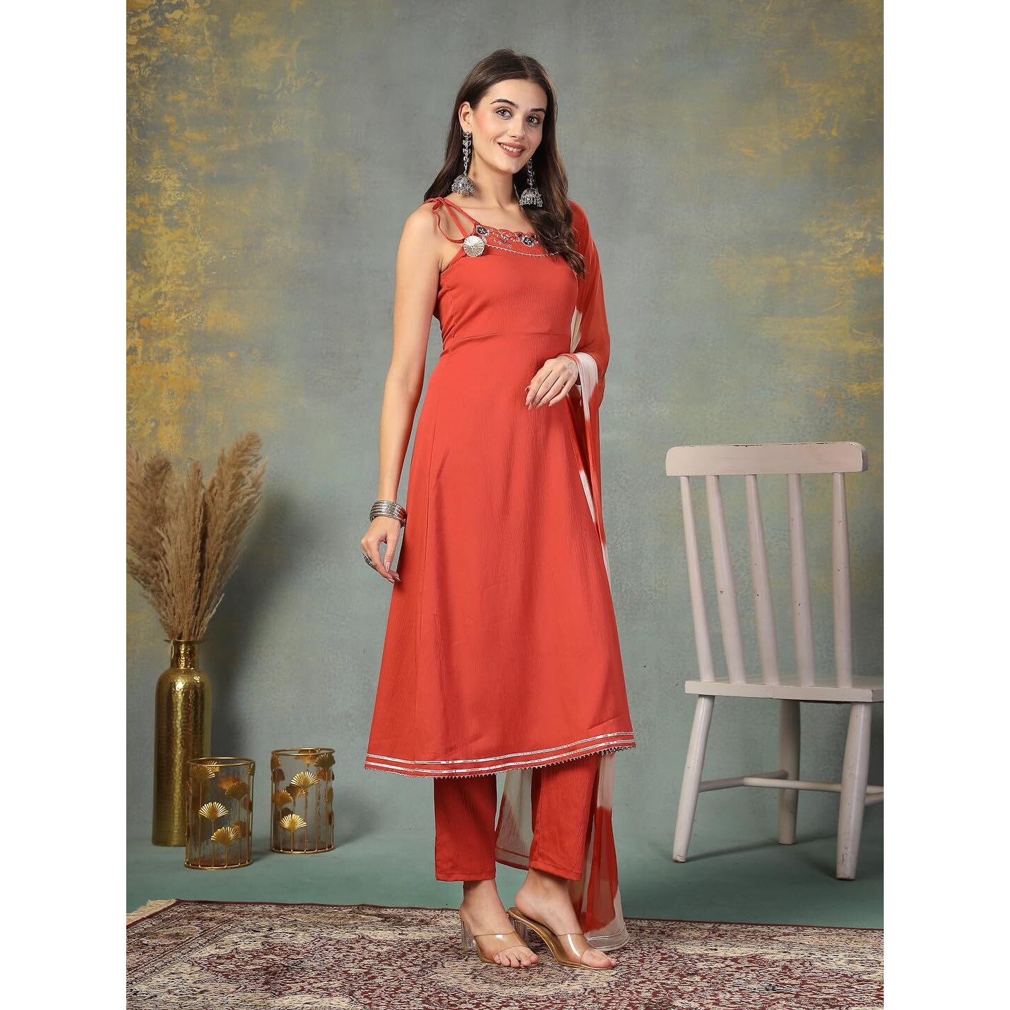 Stylum Women's Solid & Embroidered Poly Crepe A-Line Kurta Dupatta Set (KDRUSTHASSAL34_Rust, XS)
