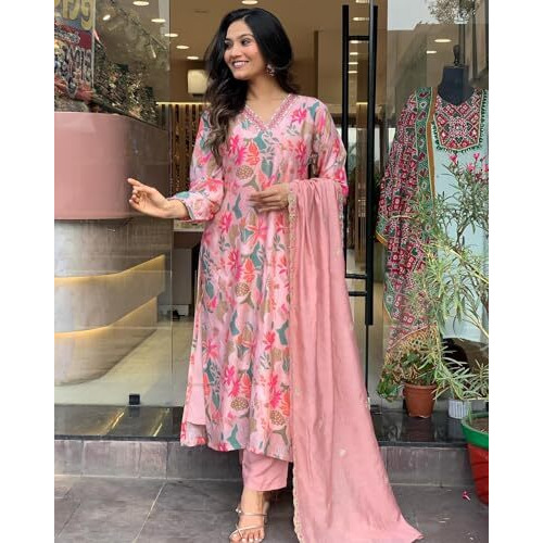 ANNI DESIGNER Women's Rayon Blend Printed Straight Kurta with Pant & Dupatta (Maslin-Multi_M_Peach_Medium)