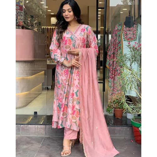 ANNI DESIGNER Women's Rayon Blend Printed Straight Kurta with Pant & Dupatta (Maslin-Multi_M_Peach_Medium)