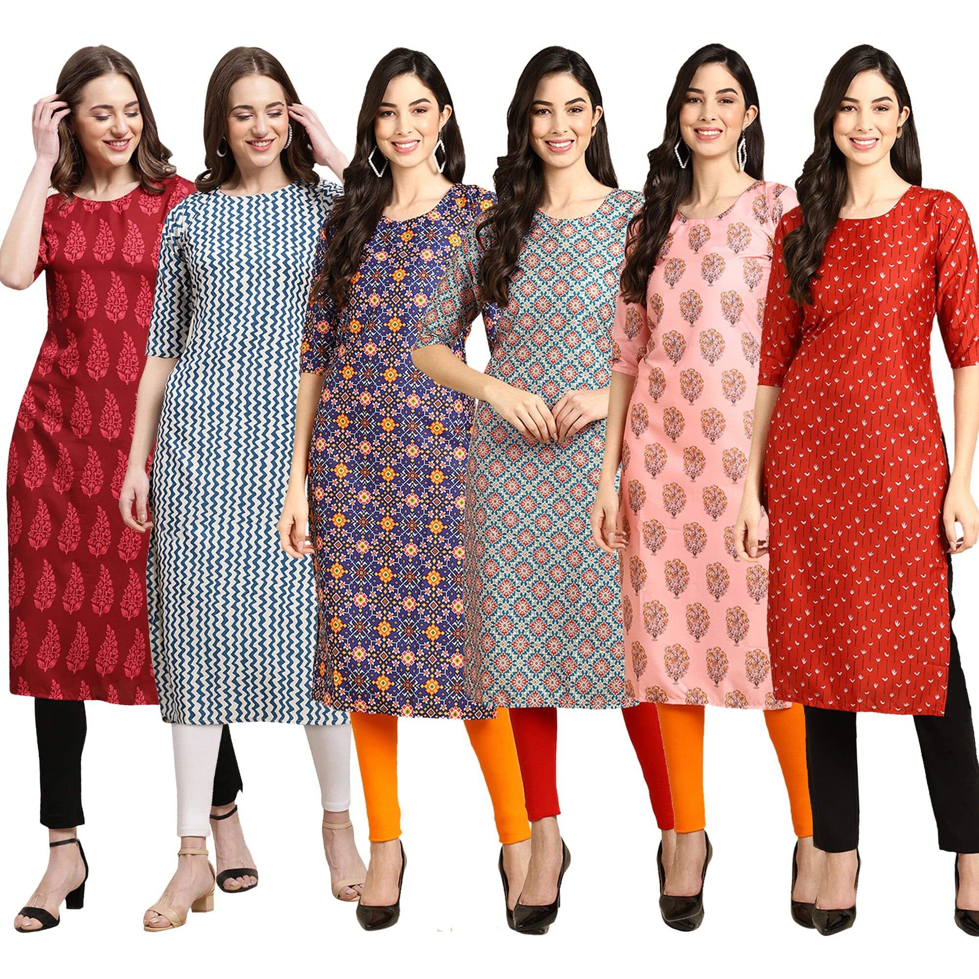 Pinkmint Women's Crepe Digital Print Straight Kurta Pack of 6 [CR-337-331-369-372-368-370-M]