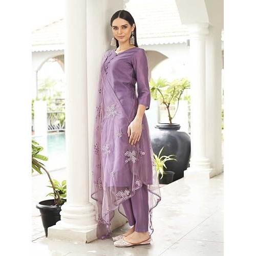 Womanista Women's Purple Color Silk Blend Solid Kurta Set With Embroidered Dupatta(Kurtaset_1338_XL)
