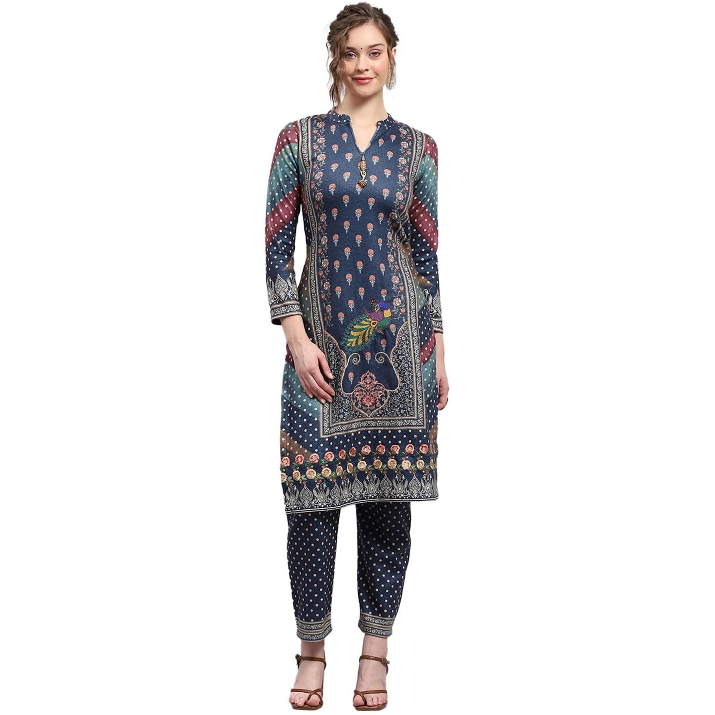 Monte Carlo Womens Printed Blue Round Neck 3/4th Sleeve Kurti Set (1243416KI-2-36)