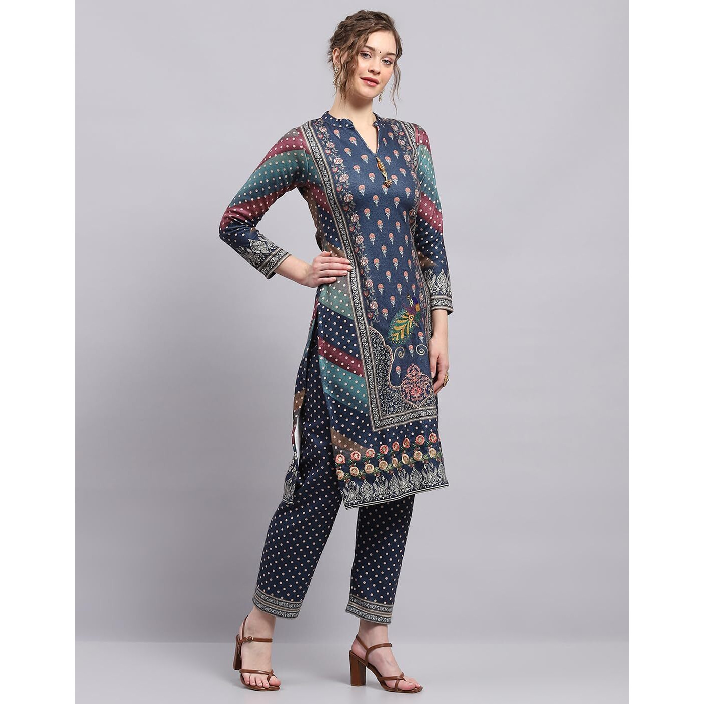 Monte Carlo Womens Printed Blue Round Neck 3/4th Sleeve Kurti Set (1243416KI-2-36)