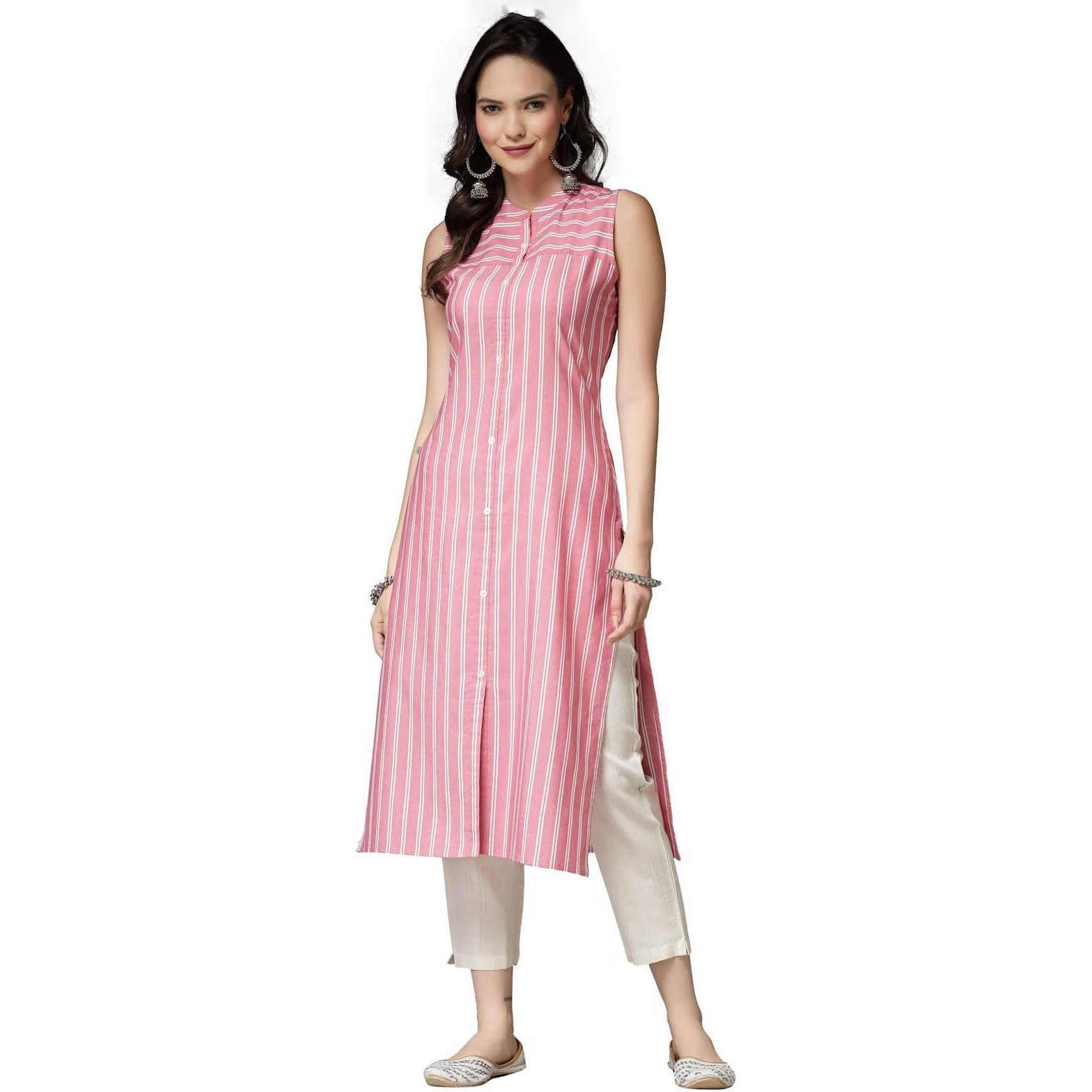 Stylum Women's Woven Striped Cotton Blend Straight Kurta (XSHERRYPINK36_Pink, S)