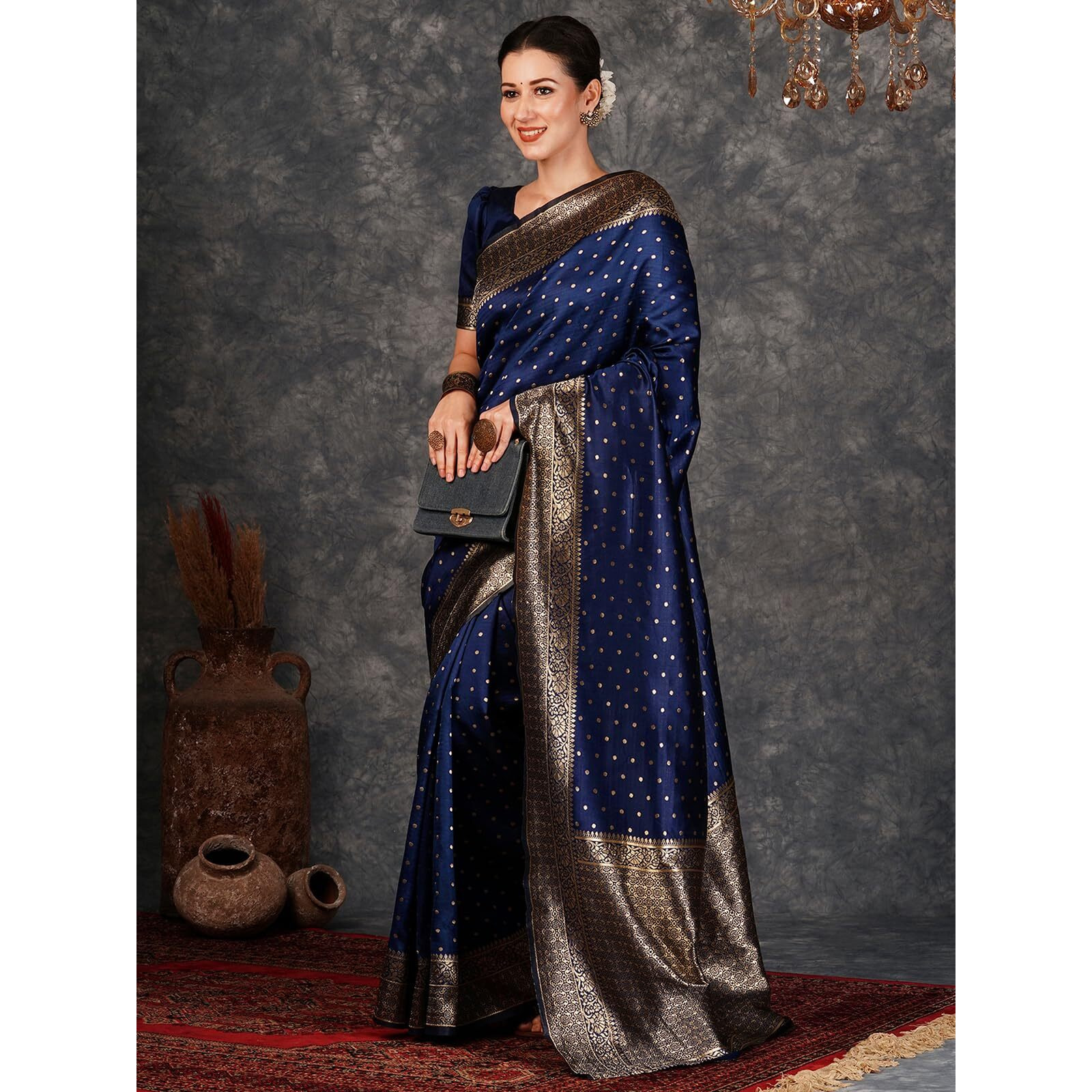 SAMAH Women's Woven Art Silk Saree (3590S255N_Navy Blue3)