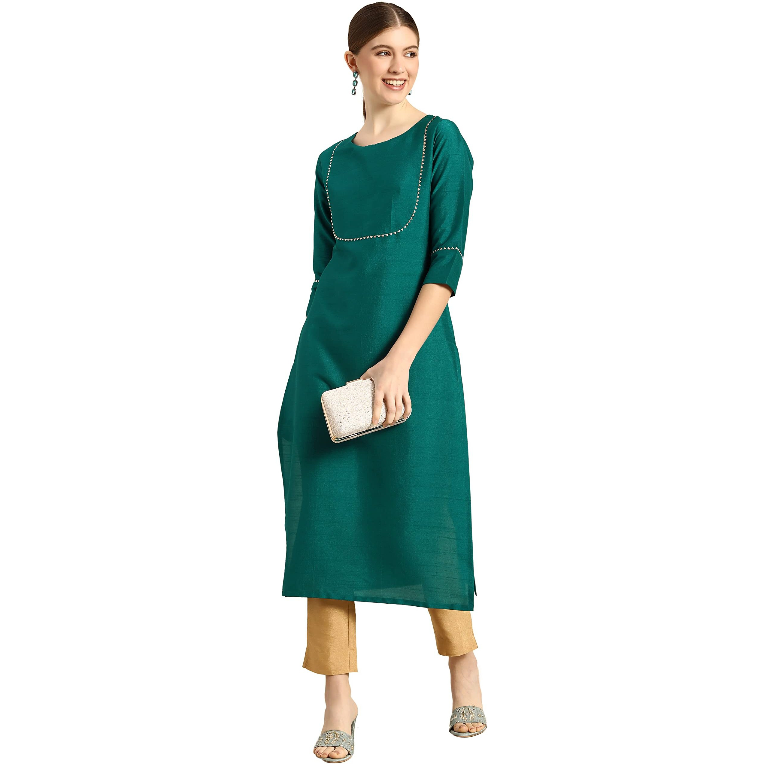 Janasya Women's Green Poly Silk Solid Kurta with Pant