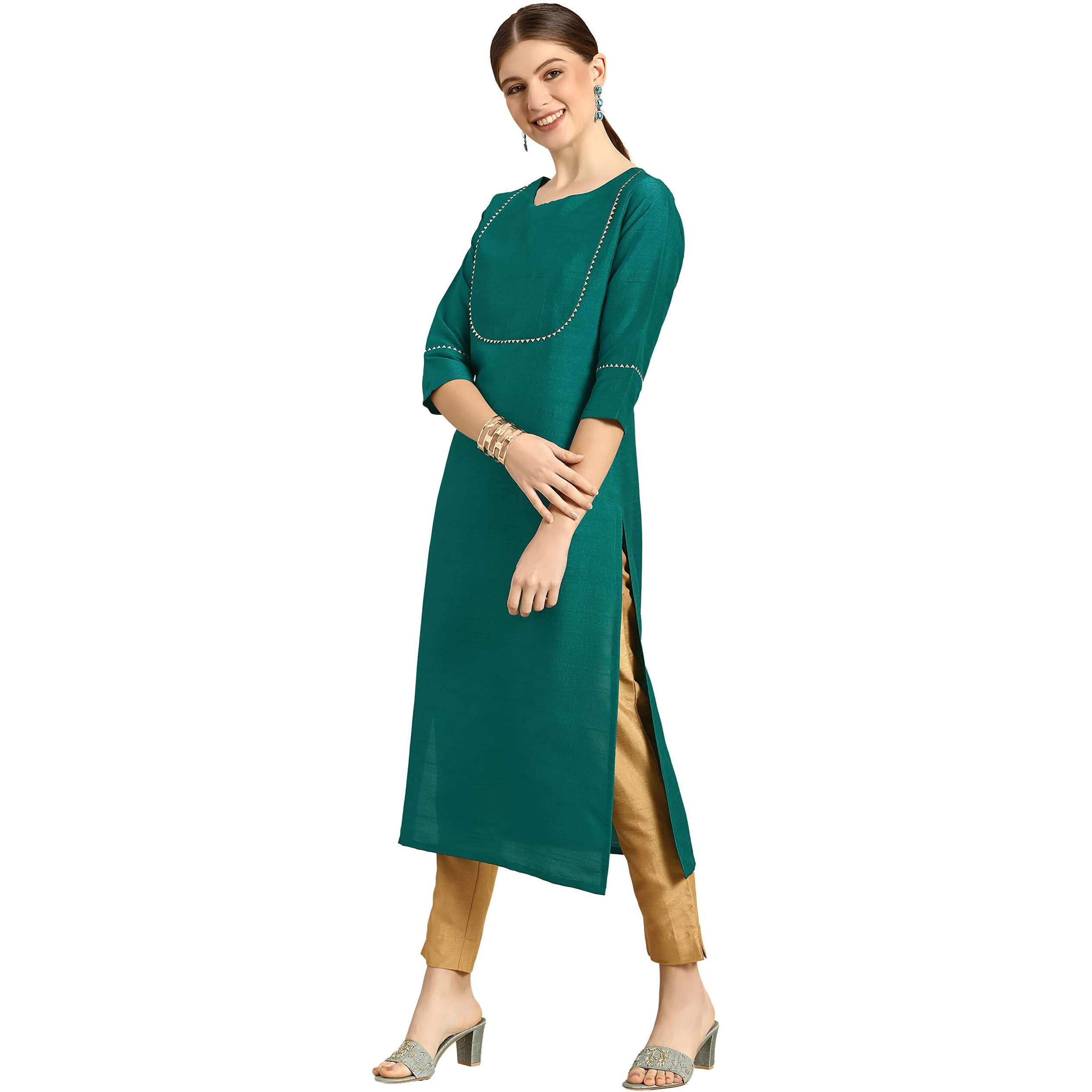 Janasya Women's Green Poly Silk Solid Kurta with Pant