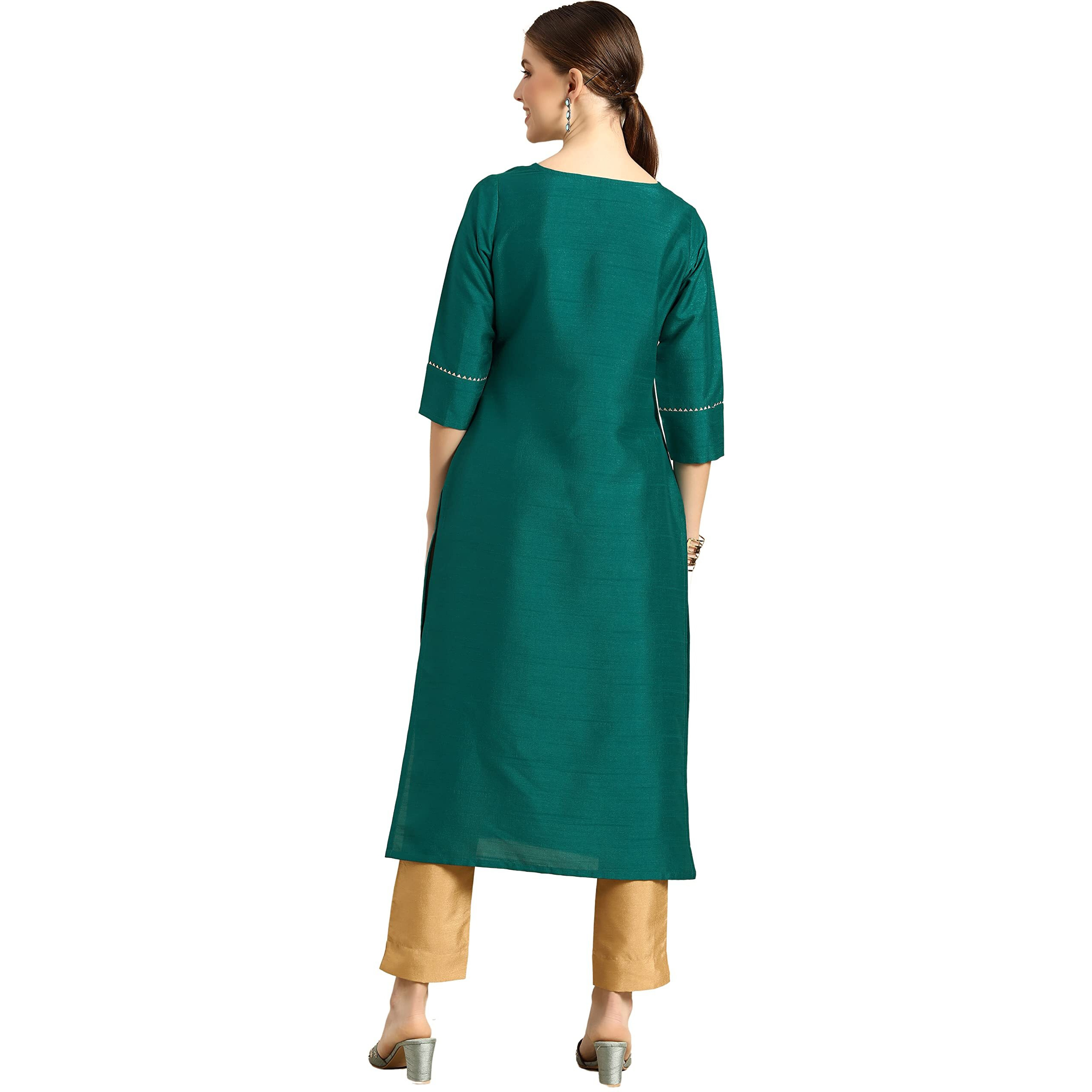 Janasya Women's Green Poly Silk Solid Kurta with Pant