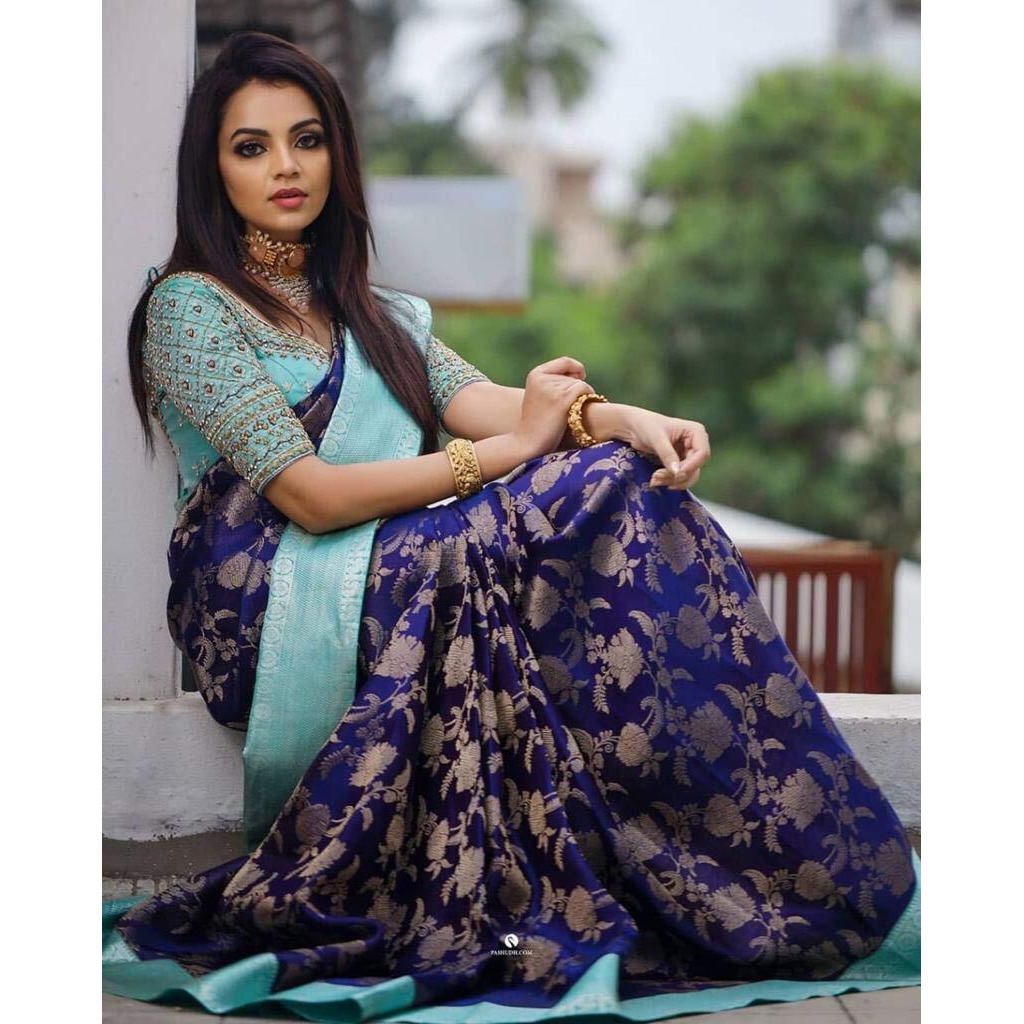 Flosive Women's Present Banarasi Soft Lichi Silk Saree Beautiful Jacquard Rich Pallu Ayn Design Work Zari Woven Kanjivaram Silk Style Saree With Soft Lichi Silk Blouse Piece (Sky Blue)