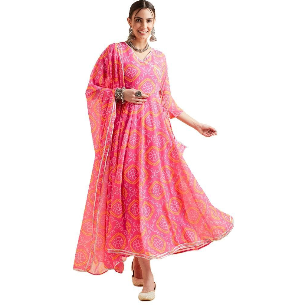 PANIT Pink Bandhani Angrakha Ethnic Dress with Dupatta