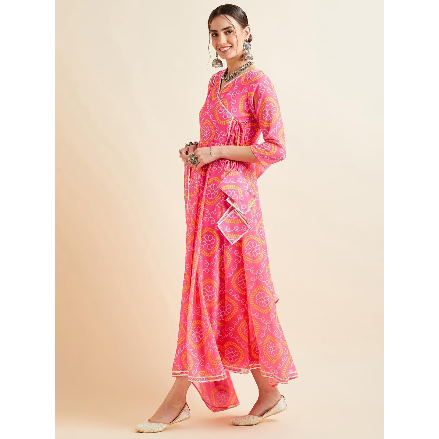 PANIT Pink Bandhani Angrakha Ethnic Dress with Dupatta