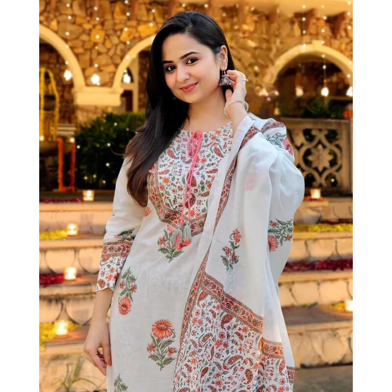 I ENTERPRISE Kurta Set for Women | Women Kurta Set with Dupatta | Women Kurta Sets Kurtis | Women Kurta Pant Set | Traditional | Ethnic Set | Suit | Color_ White Size- L