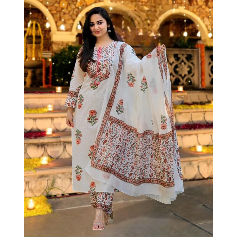 I ENTERPRISE Kurta Set for Women | Women Kurta Set with Dupatta | Women Kurta Sets Kurtis | Women Kurta Pant Set | Traditional | Ethnic Set | Suit | Color_ White Size- L