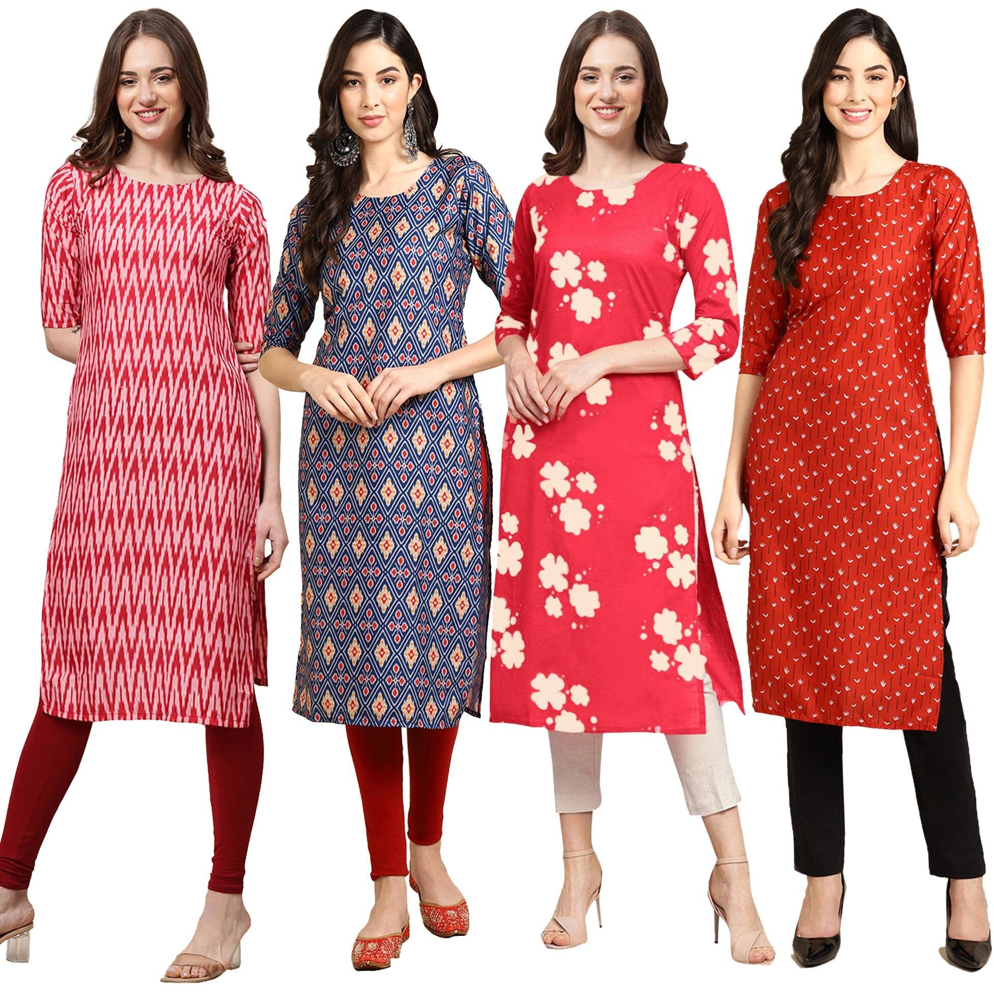 Pinkmint Women's Crepe Digital Print Straight Kurta (Pack of 4) [S-328-358-380-370-XL]