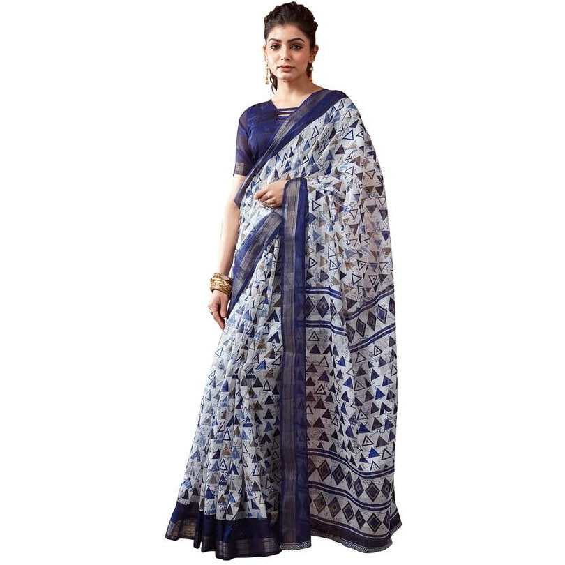 SAMAH Women's Cotton Blend Saree (3467S1112N_Blue & White)