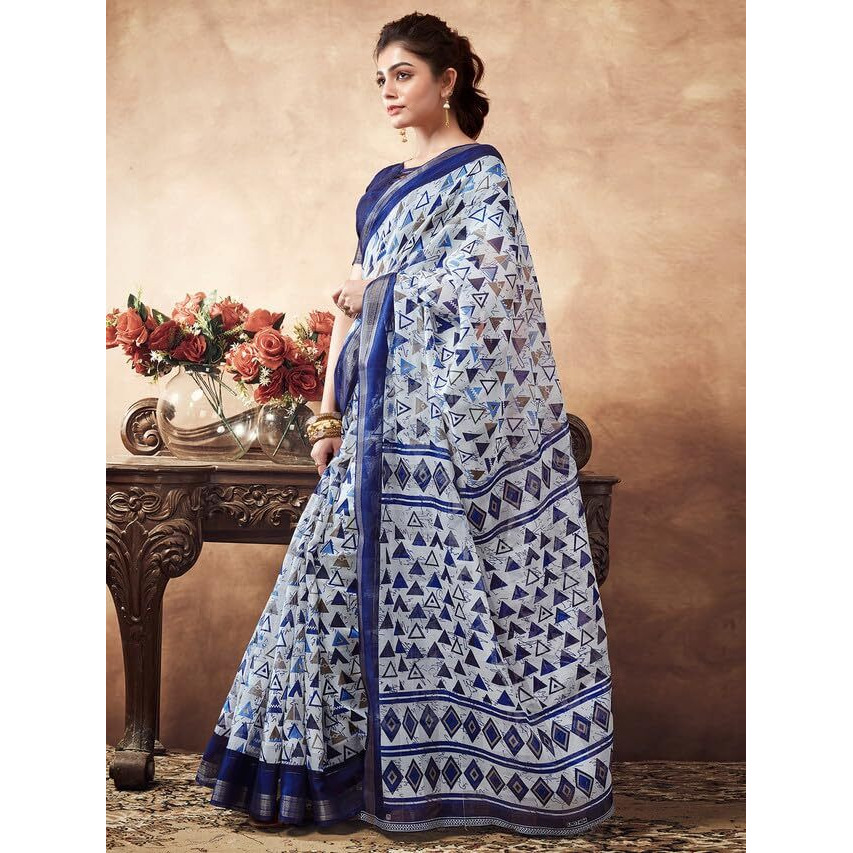 SAMAH Women's Cotton Blend Saree (3467S1112N_Blue & White)