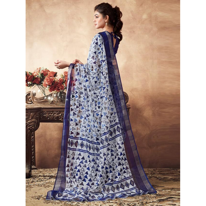 SAMAH Women's Cotton Blend Saree (3467S1112N_Blue & White)