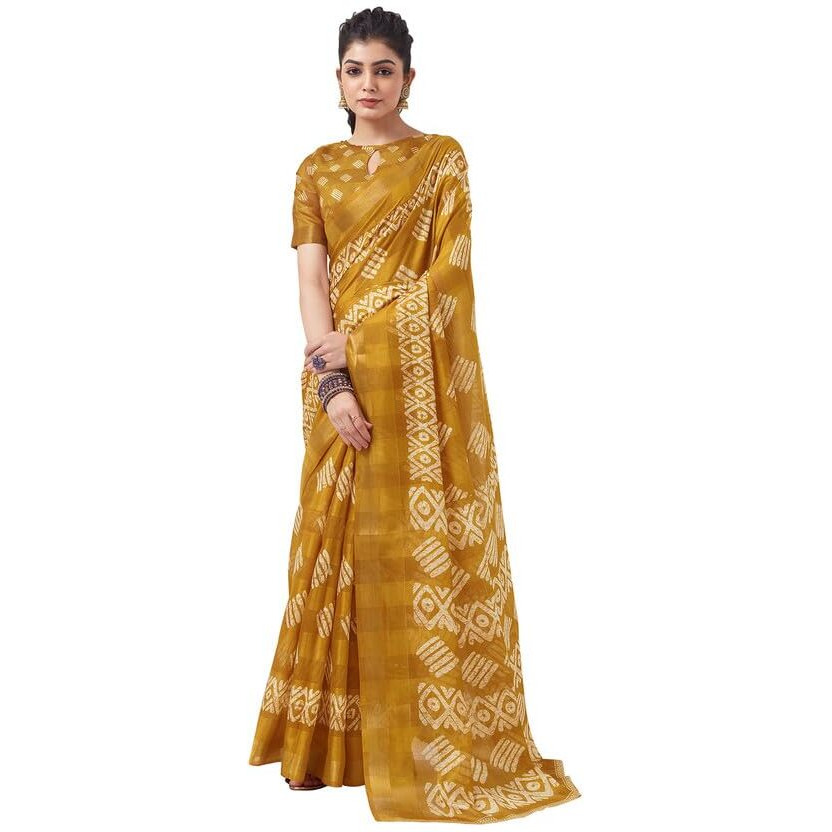 SAMAH Women's Cotton Blend Saree (3466S1104N_Turmeric Yellow & White)