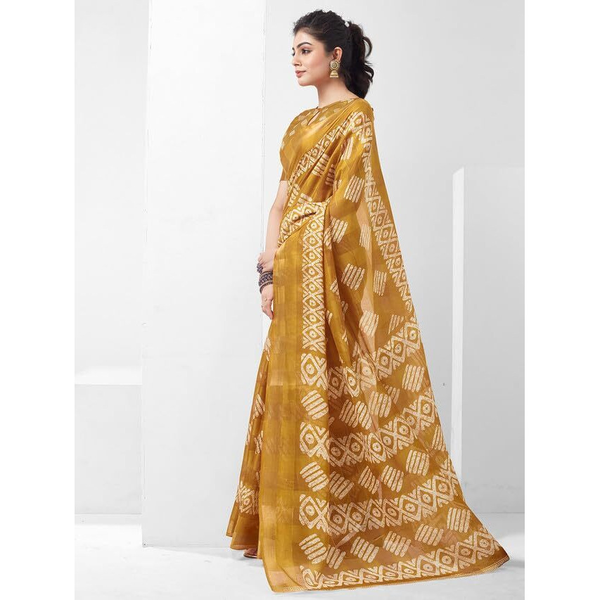SAMAH Women's Cotton Blend Saree (3466S1104N_Turmeric Yellow & White)