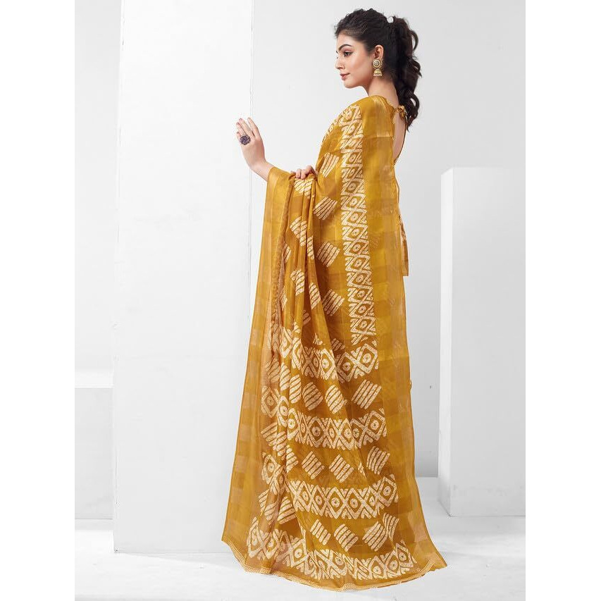 SAMAH Women's Cotton Blend Saree (3466S1104N_Turmeric Yellow & White)