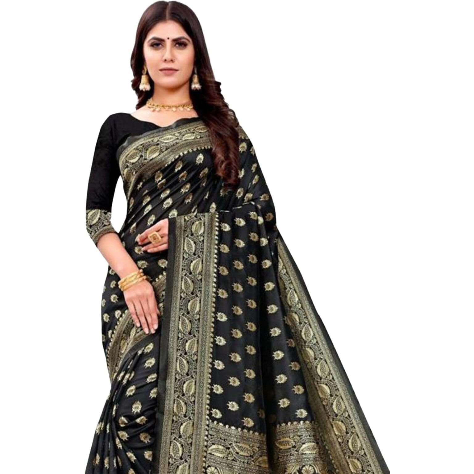 SAMAH Women's Jacquard Art Silk Saree (3591S307NA_Black)