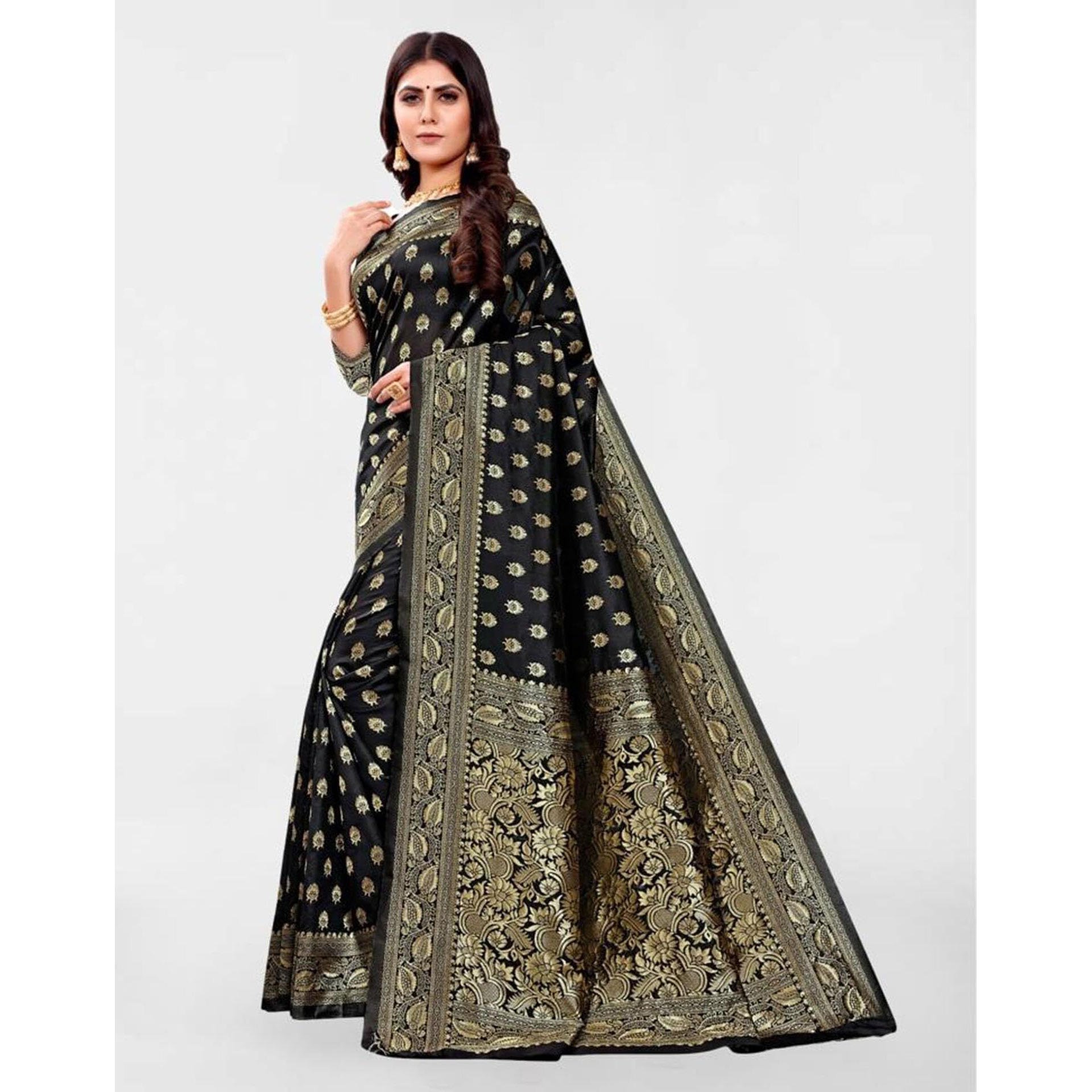 SAMAH Women's Jacquard Art Silk Saree (3591S307NA_Black)