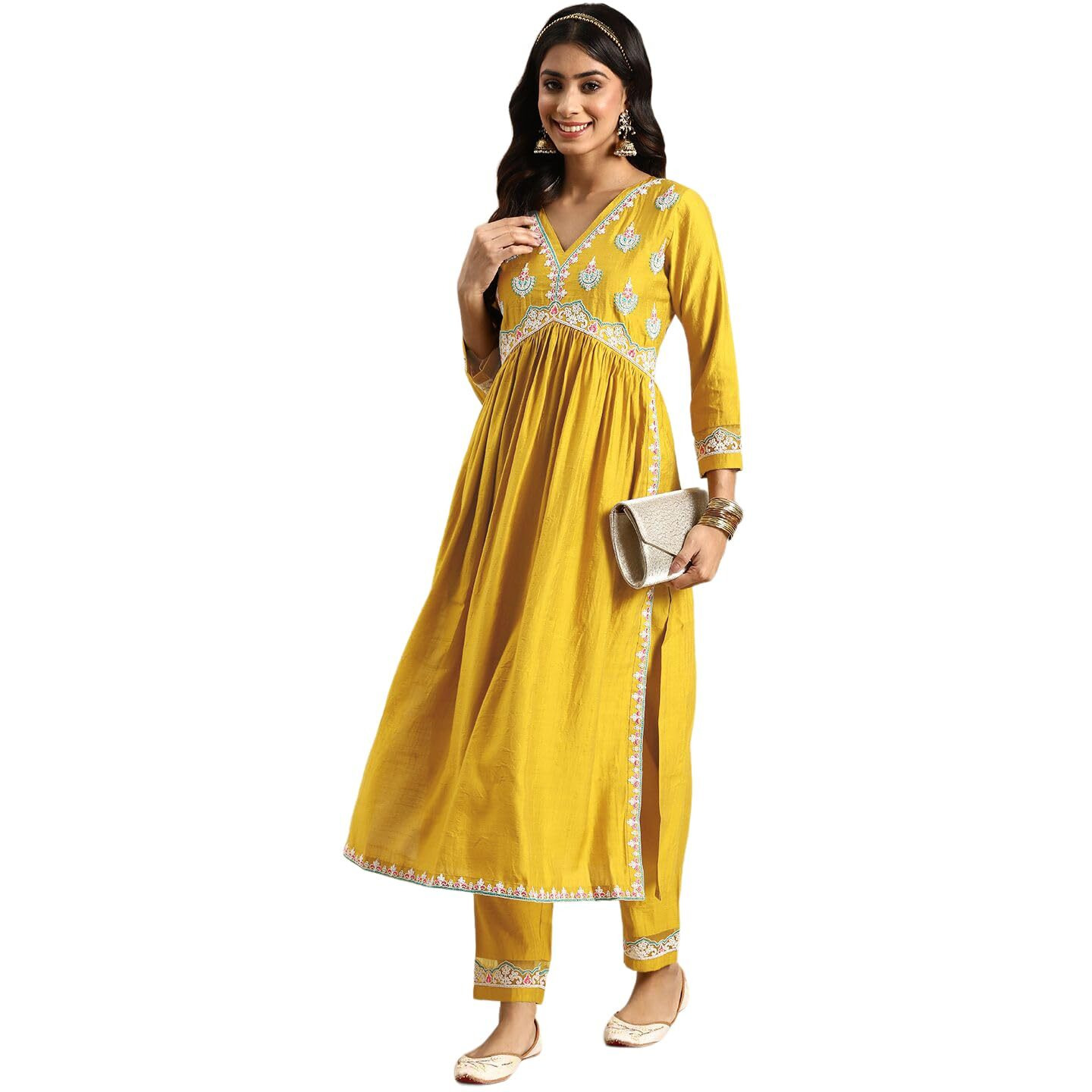 SheWill Women's Mustard Yellow Embroidered V-Neck Cotton Blend Flared Hem Alia Cut Kurta with Trousers | Navratri Kurta Set