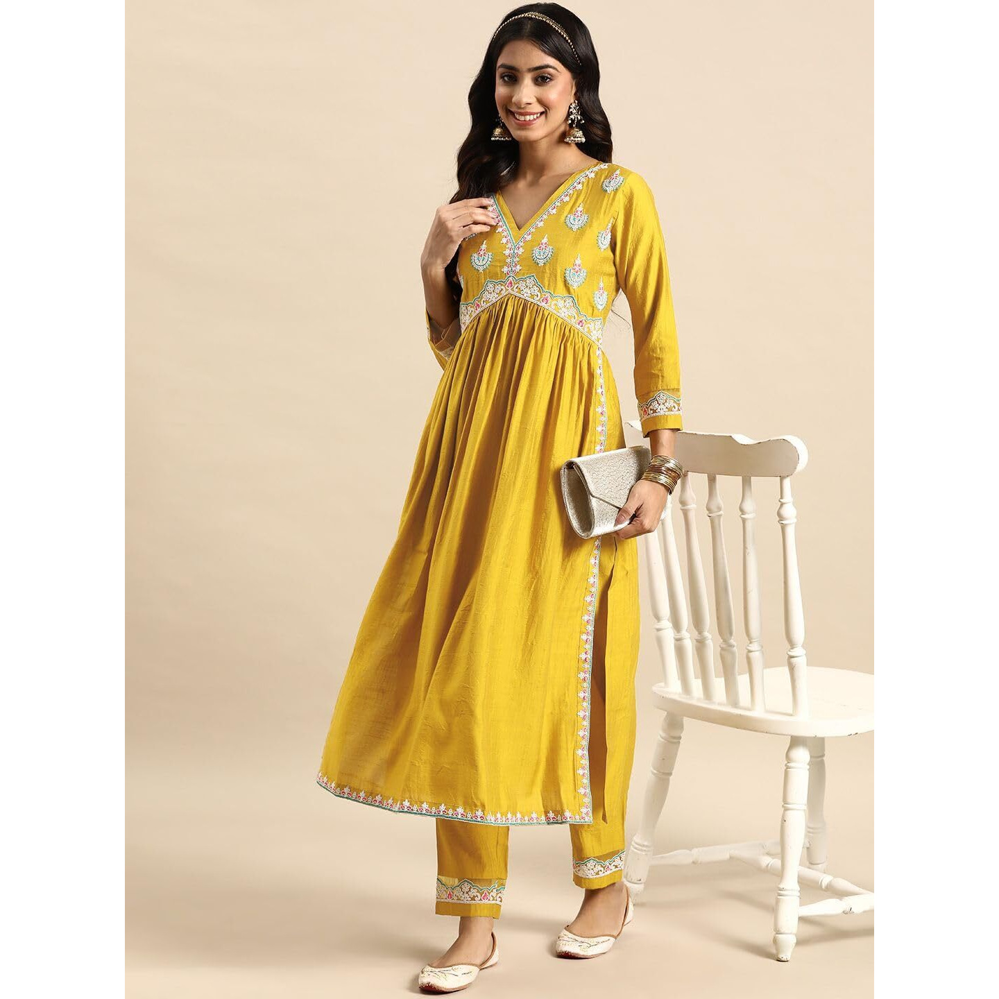 SheWill Women's Mustard Yellow Embroidered V-Neck Cotton Blend Flared Hem Alia Cut Kurta with Trousers | Navratri Kurta Set