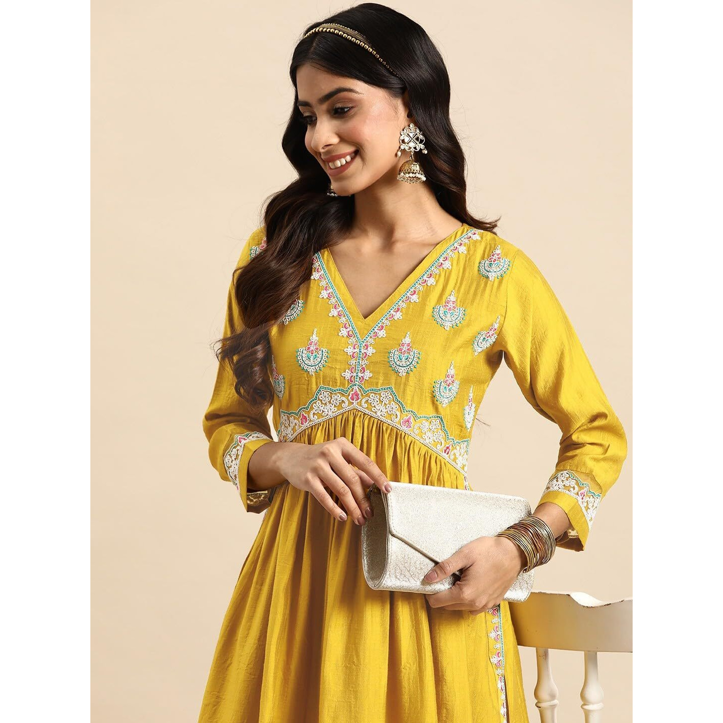 SheWill Women's Mustard Yellow Embroidered V-Neck Cotton Blend Flared Hem Alia Cut Kurta with Trousers | Navratri Kurta Set