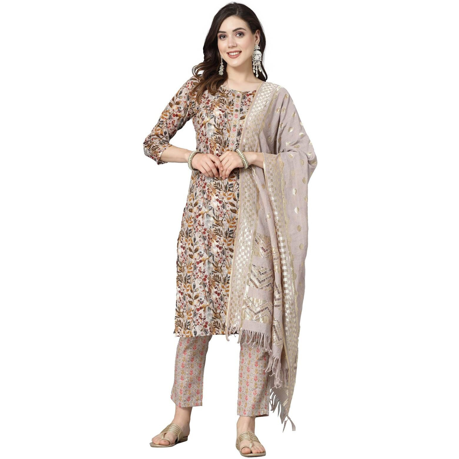 Stylum Women's Floral Printed Cotton Blend Straight Kurta Pant Dupatta Se (in, Alpha, 5XL, Plus, Beige)