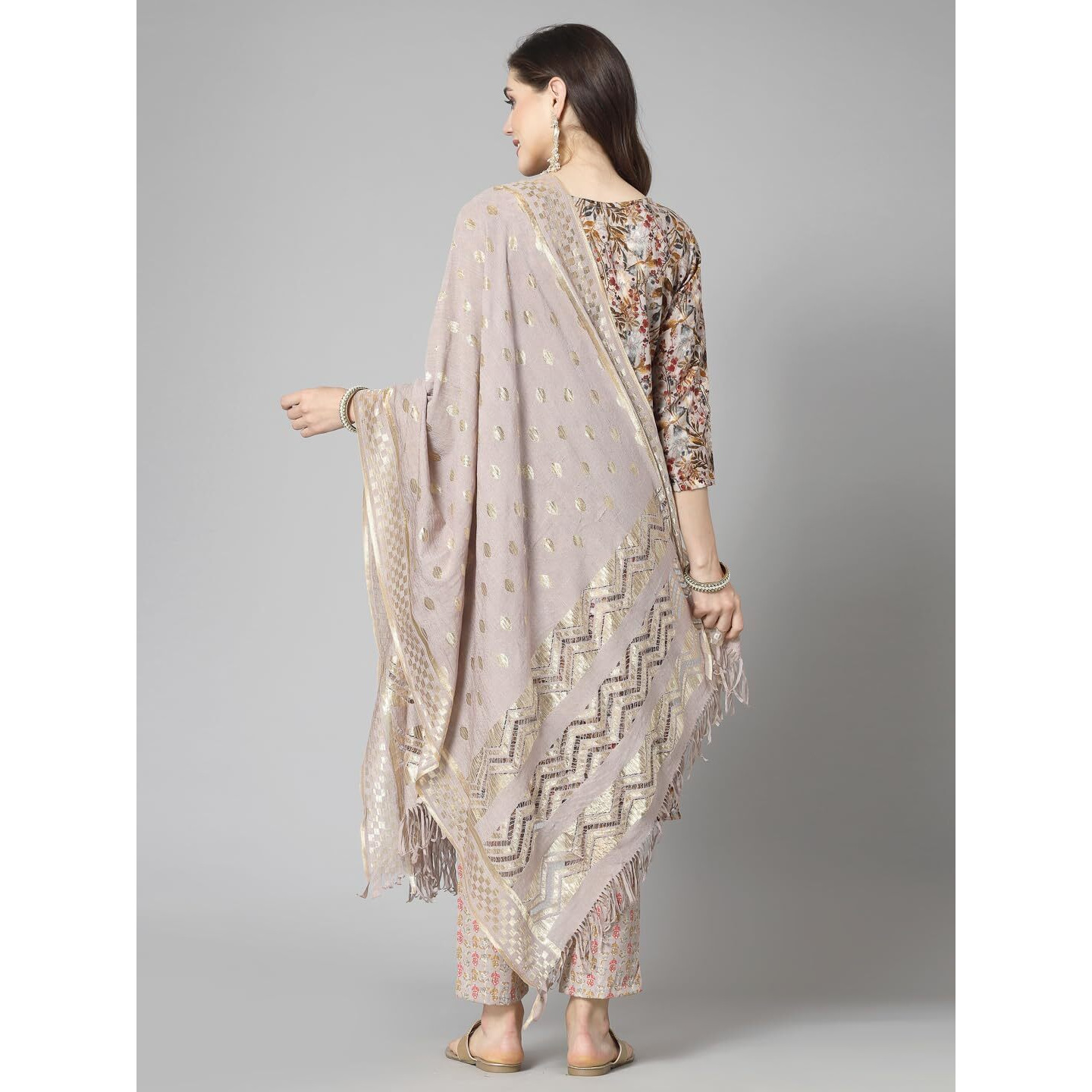 Stylum Women's Floral Printed Cotton Blend Straight Kurta Pant Dupatta Se (in, Alpha, 5XL, Plus, Beige)