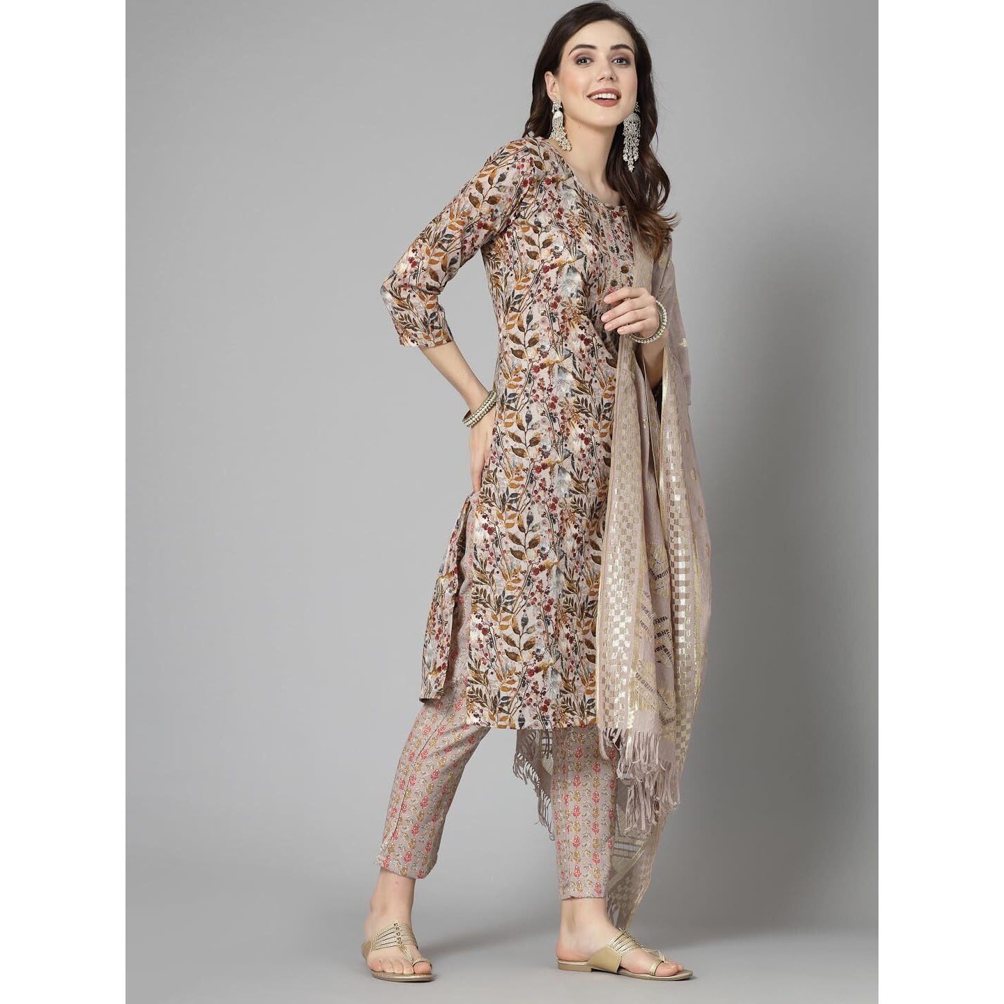 Stylum Women's Floral Printed Cotton Blend Straight Kurta Pant Dupatta Se (in, Alpha, 5XL, Plus, Beige)