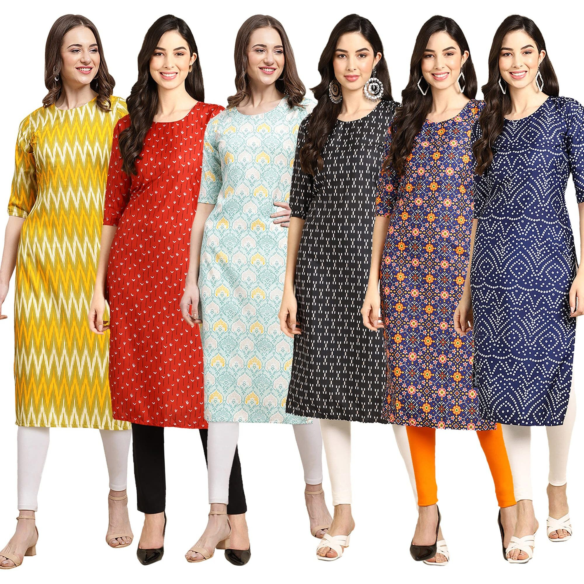 Pinkmint Women's Crepe Digital Print Straight Kurta Pack of 6 [CR-329-370-343-362-369-366-S]