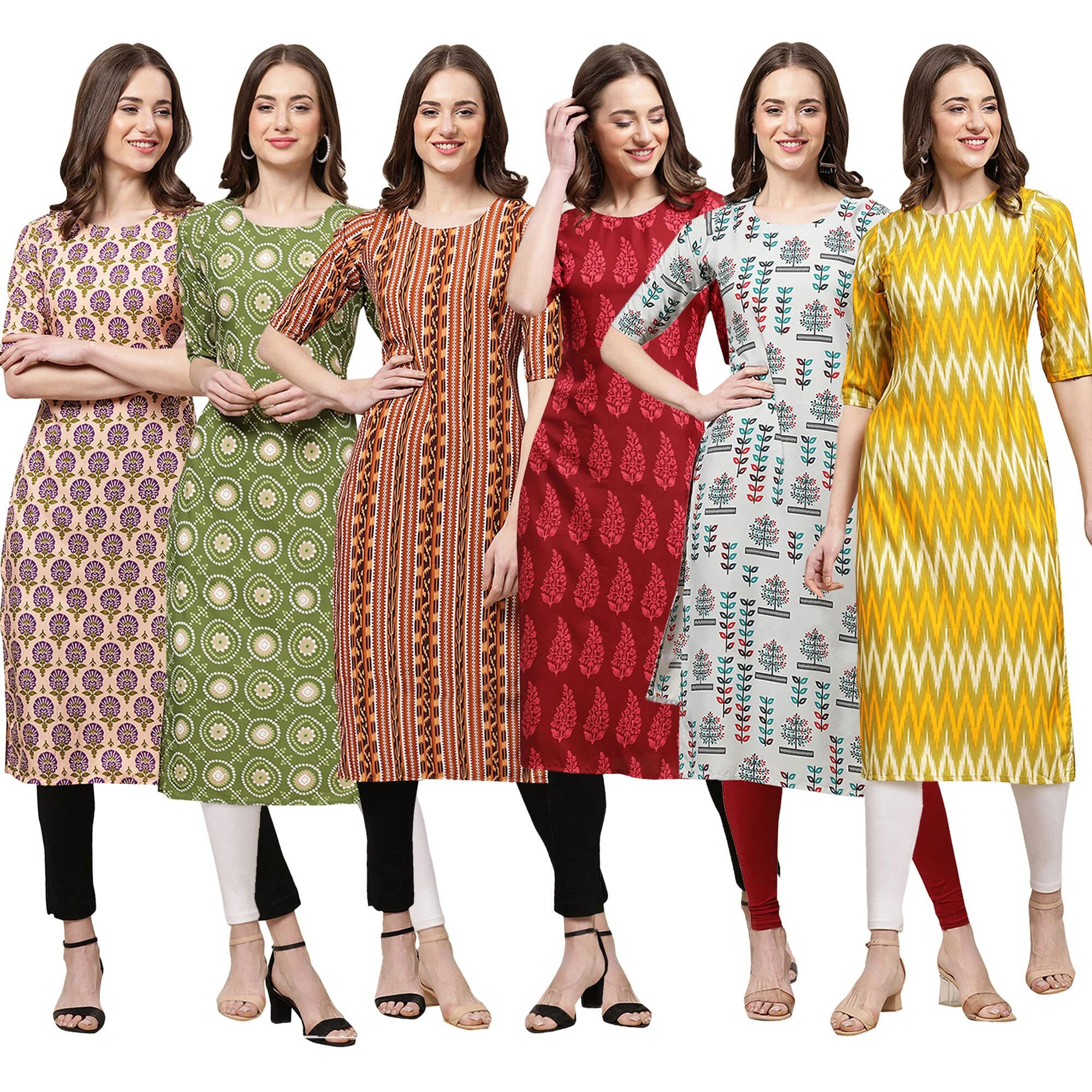 Pinkmint Women's Crepe Digital Print Straight Kurta Pack of 6 [CR-344-338-344-337-340-329-M]